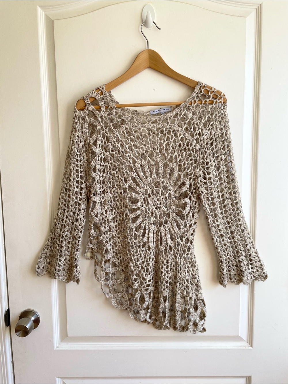 Vintage 1970s Style Crochet Knit Asymmetrical Top Size M Flare Sleeve Boho Fairy